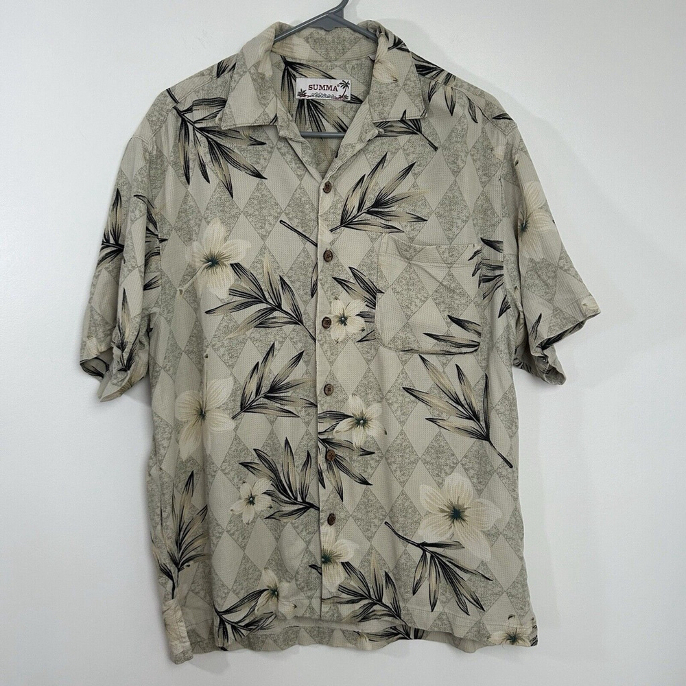 Summa Men's Medium 100% Silk Tropical Hawiian Vacation Button Up Shirt Golf